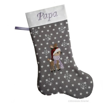 Nikolausstiefel Rentier Stofffarbe grau Name rosa